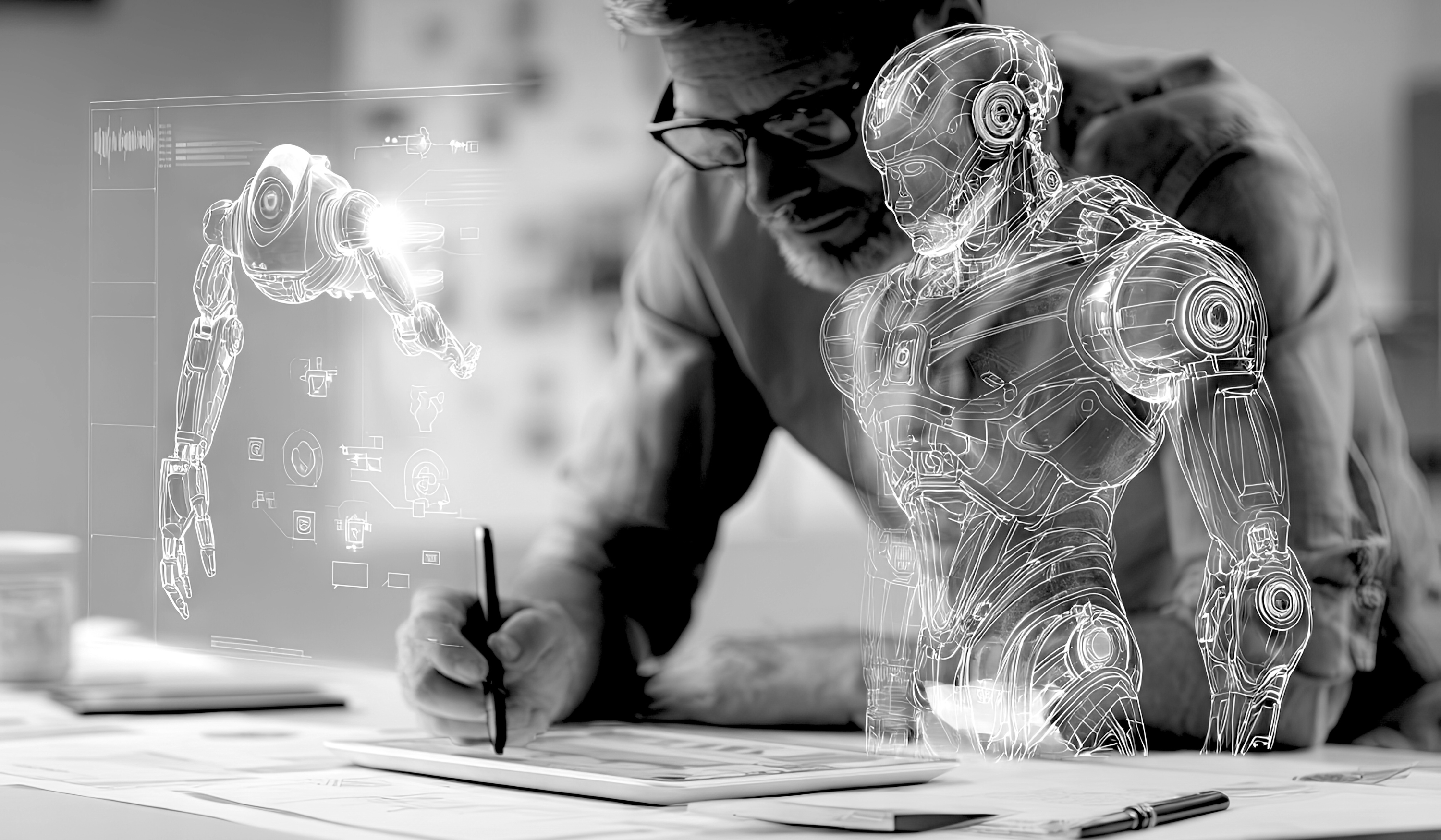 An AI robot and human pointing together at a large digital interface in a collaborative environment