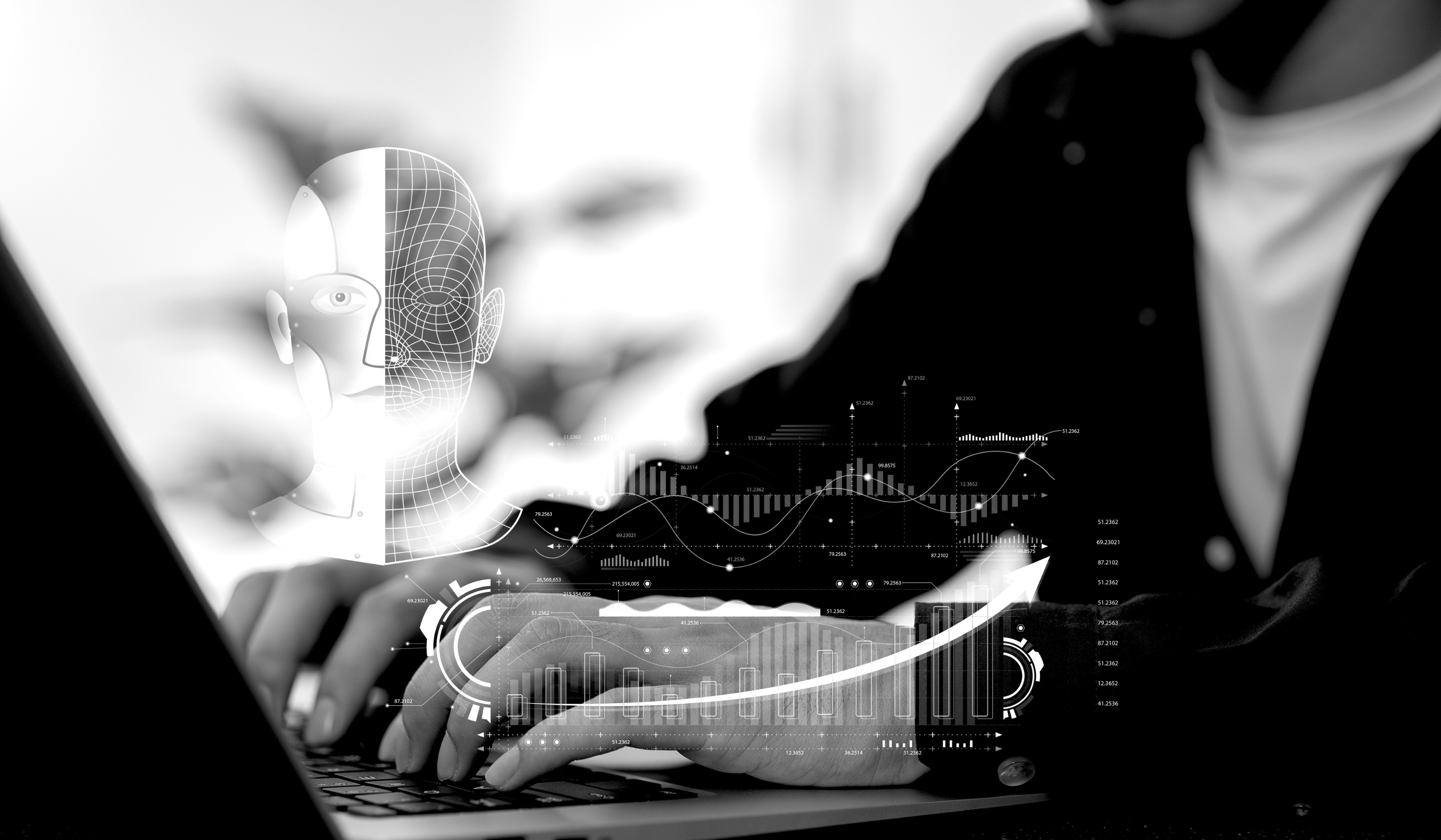 Illustration of an experienced marketer guiding AI tools, symbolising human expertise leading technology in modern marketing.