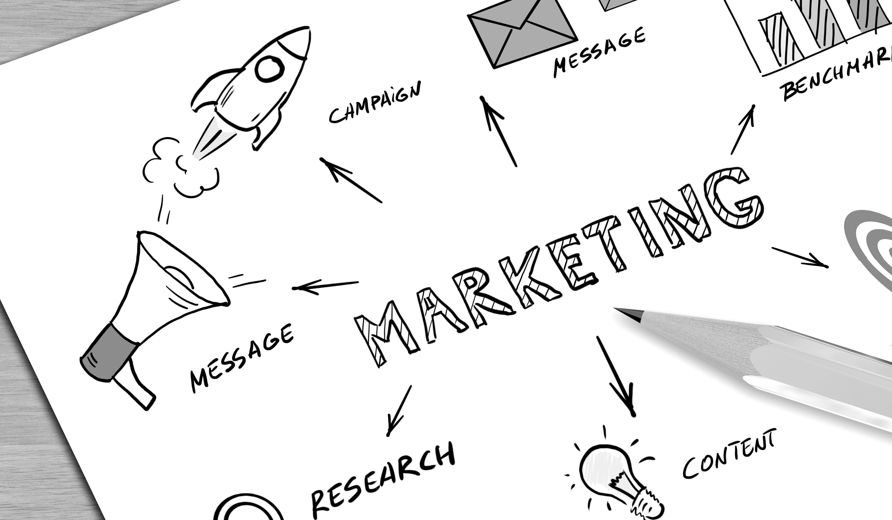 Illustration of a marketer mapping different channels (social, email, ads, events) to a customer journey, representing a multi-touch GTM plan.